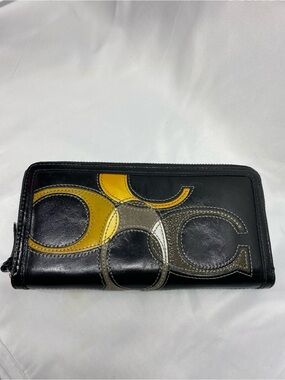 Coach Black Leather Wallet with Yellow, Gray and White Inlay